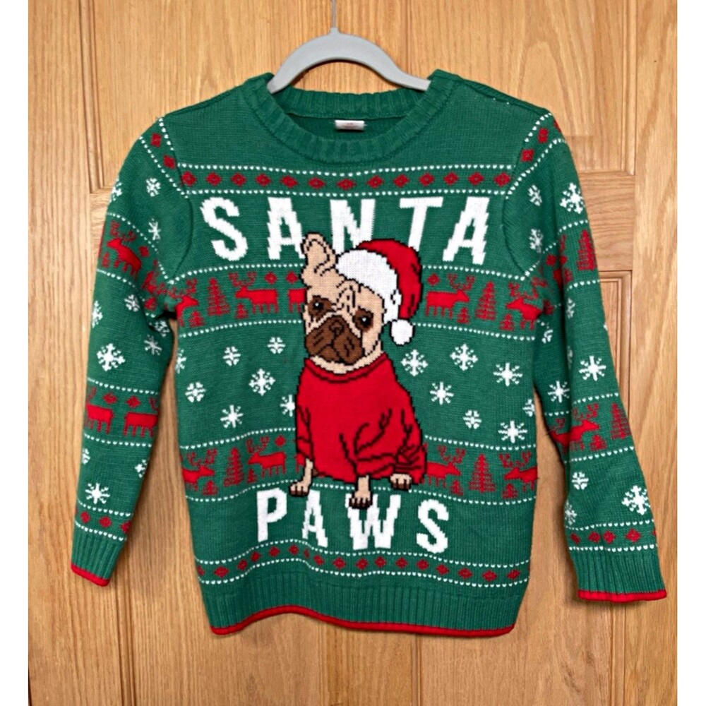 Holiday Time Kids Medium 8 Green Santa Paws French Bulldog Pug Christmas Sweater